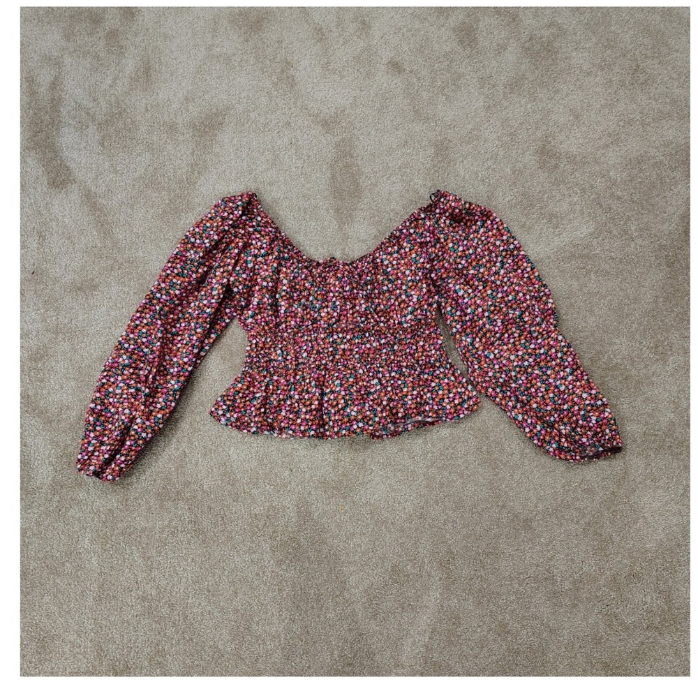 Floral Long Sleeve Peplum Elastic Neckline Smocked Blouse Womens Small Cottage - Picture 1 of 6